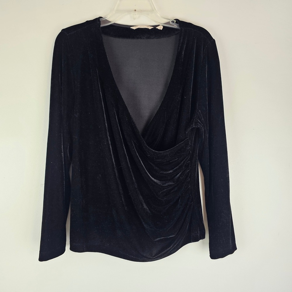 Soft Surroundings Black Velvet Faux Wrap Ruched V-Neck Top PL 37120 - Picture 5 of 11